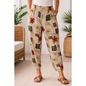 Hot Cotton 100% Linen Pants 2X Tropical Pants Elastic Waist Floral Resort Cruise